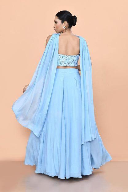 Designer Wear Sky Blue Chinon Chiffon Lehenga Set - Simaaya