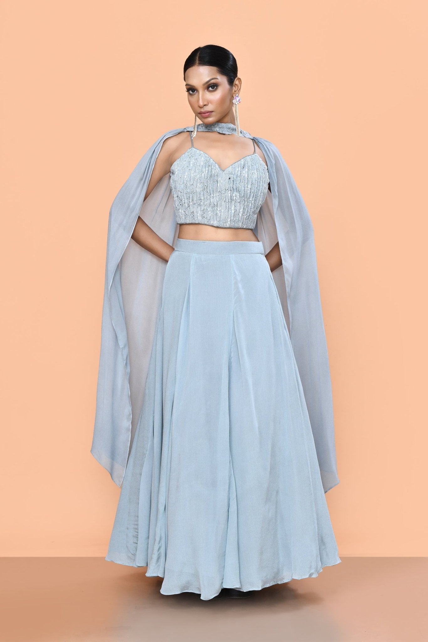 Designer Wear Sky Blue Chinon Chiffon Lehenga Set - Simaaya