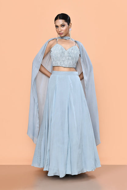 Designer Wear Sky Blue Chinon Chiffon Lehenga Set - Simaaya