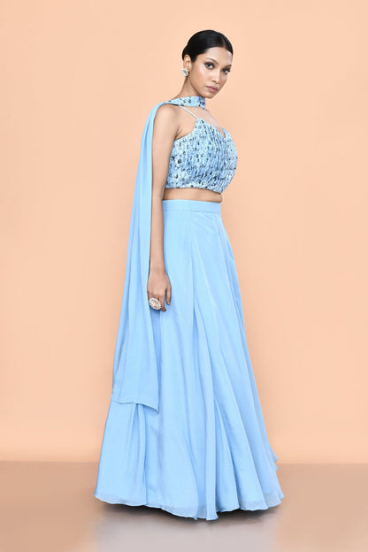 Designer Wear Sky Blue Chinon Chiffon Lehenga Set - Simaaya