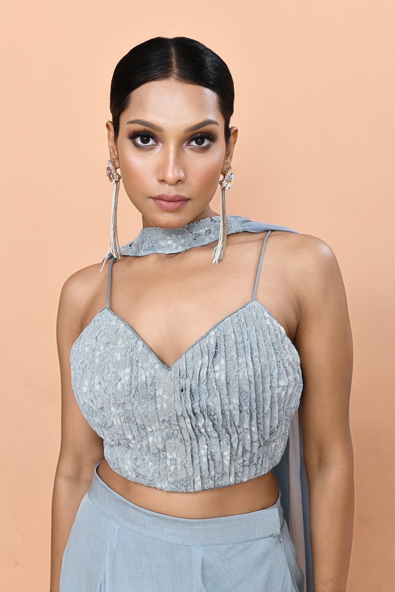 Designer Wear Sky Blue Chinon Chiffon Lehenga Set - Simaaya