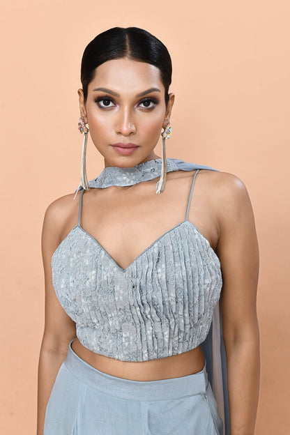Designer Wear Sky Blue Chinon Chiffon Lehenga Set - Simaaya