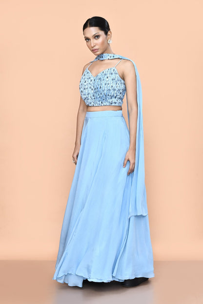 Designer Wear Sky Blue Chinon Chiffon Lehenga Set - Simaaya