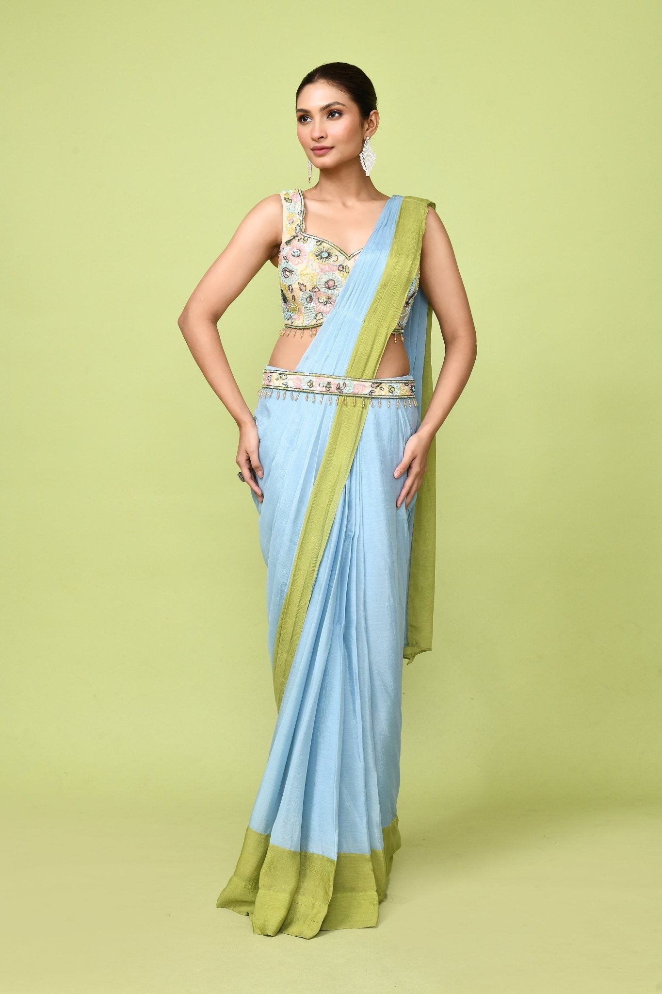 Designer Wear Sky Blue & Green Chinon Chiffon Drape Saree - Simaaya