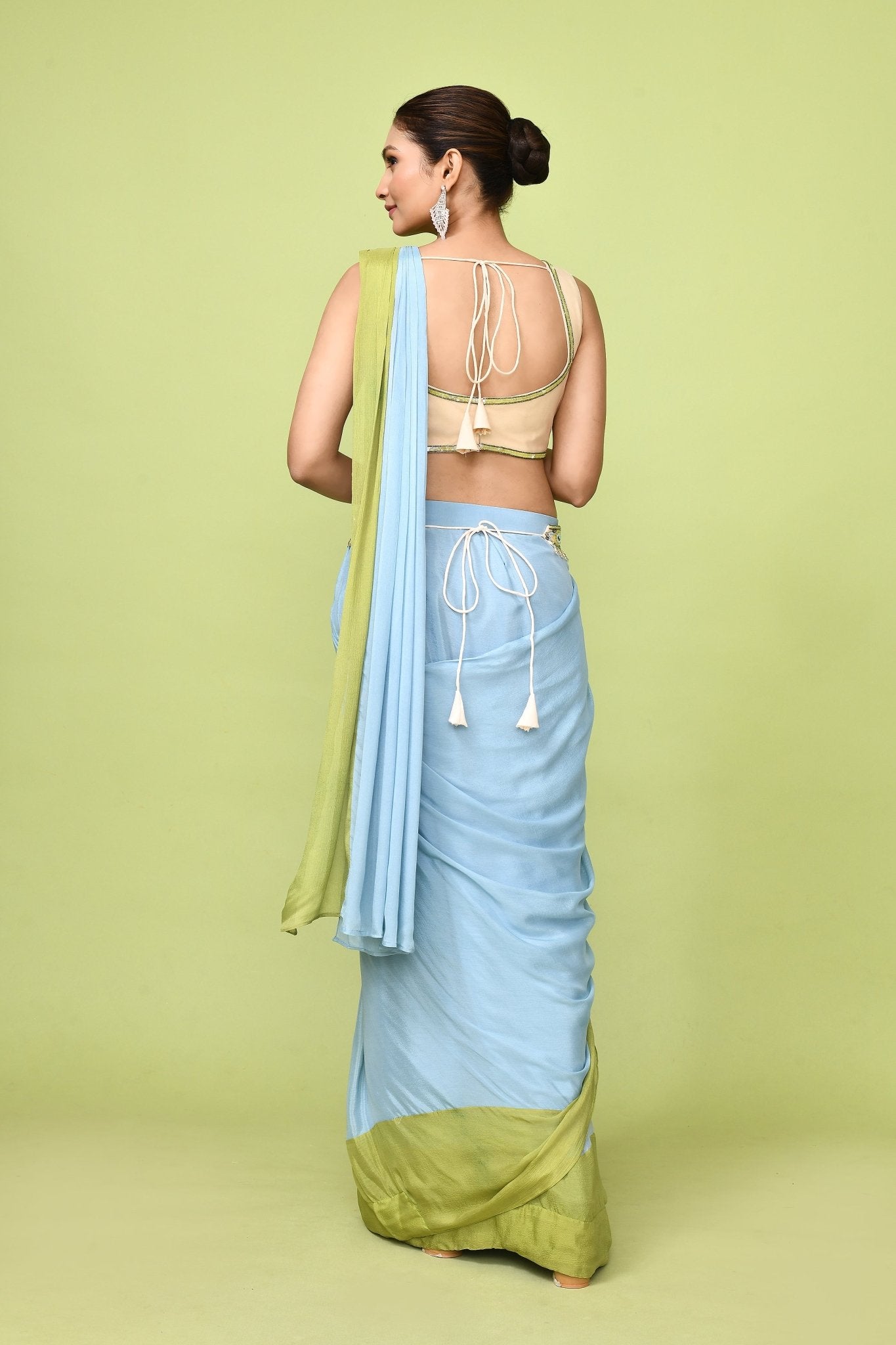Designer Wear Sky Blue & Green Chinon Chiffon Drape Saree - Simaaya