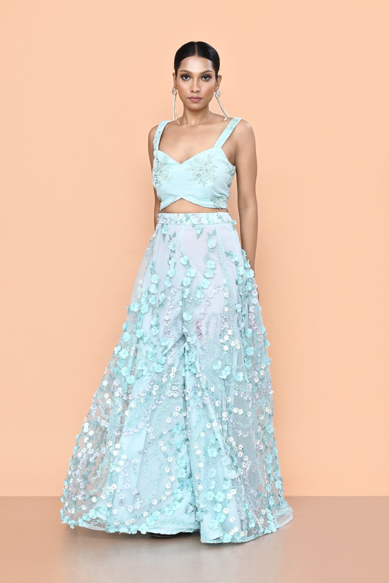 Designer Wear Sky Blue Net Palazzo & Crop Top Set - Simaaya