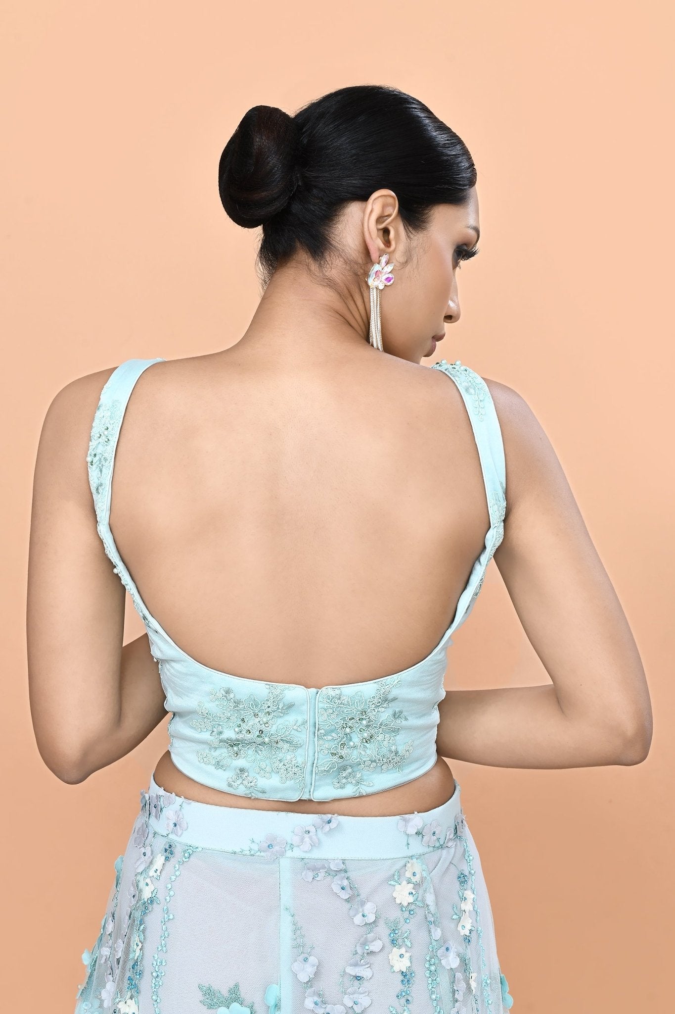 Designer Wear Sky Blue Net Palazzo & Crop Top Set - Simaaya