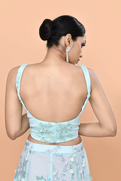 Designer Wear Sky Blue Net Palazzo & Crop Top Set - Simaaya