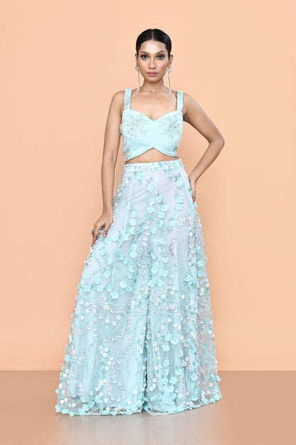 Designer Wear Sky Blue Net Palazzo & Crop Top Set - Simaaya