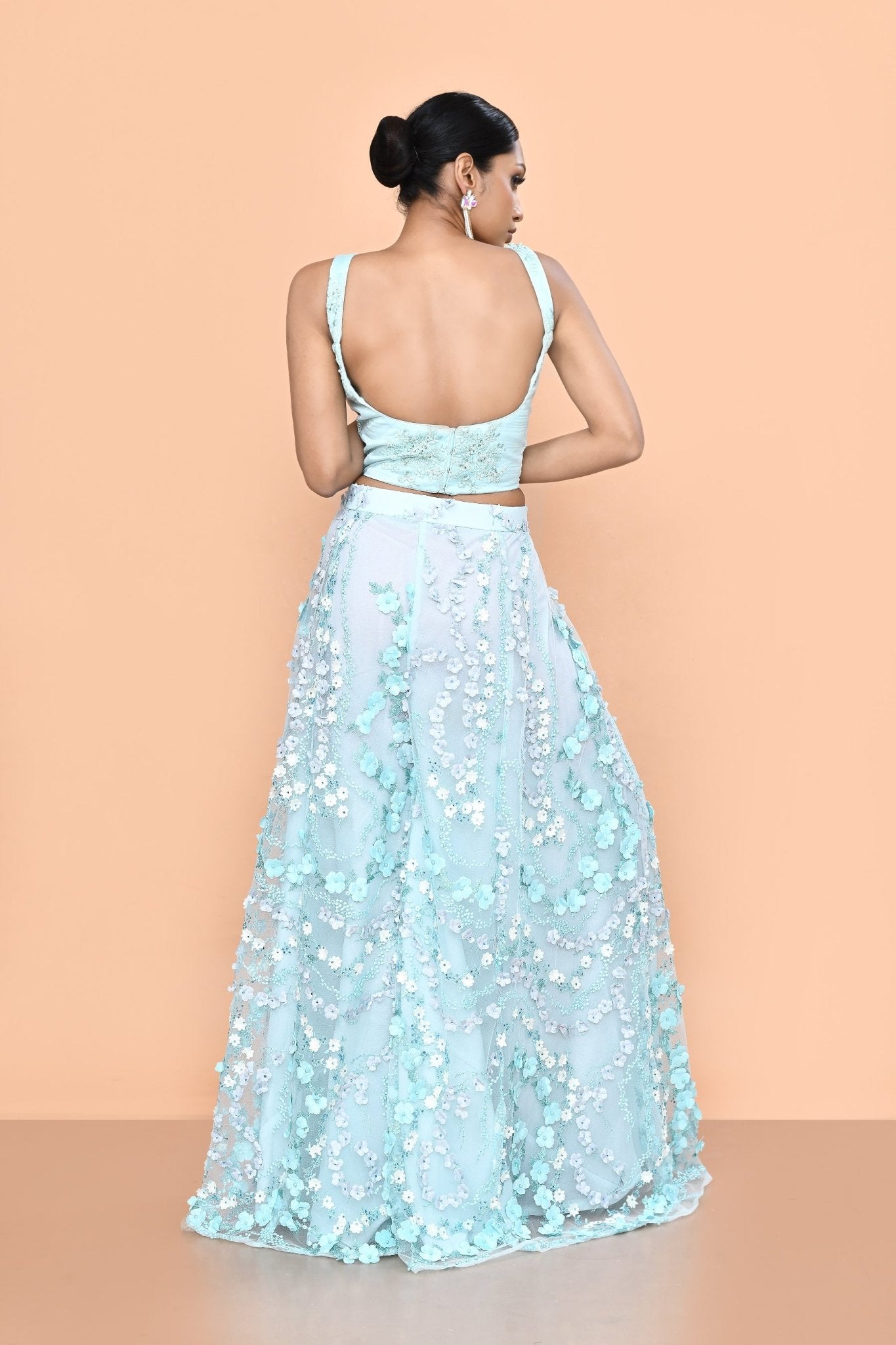 Designer Wear Sky Blue Net Palazzo & Crop Top Set - Simaaya