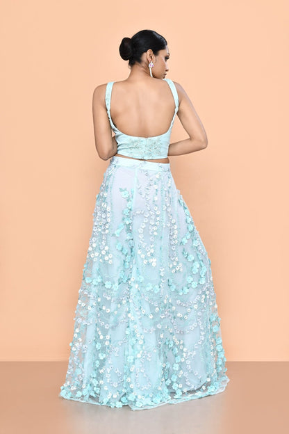 Designer Wear Sky Blue Net Palazzo & Crop Top Set - Simaaya