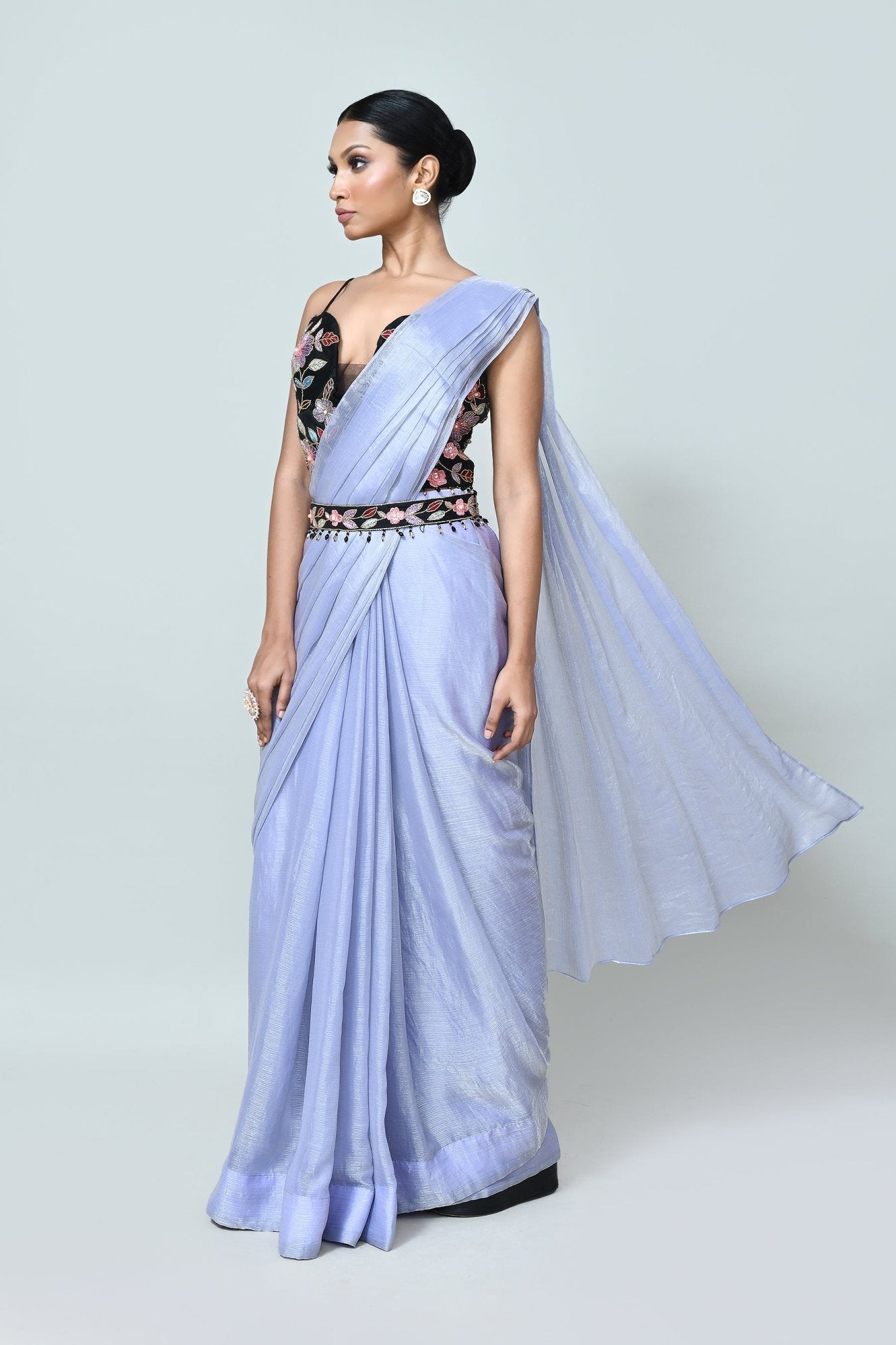 Designer Wear Sky Blue Shimmer Chiffon Drape Saree - Simaaya