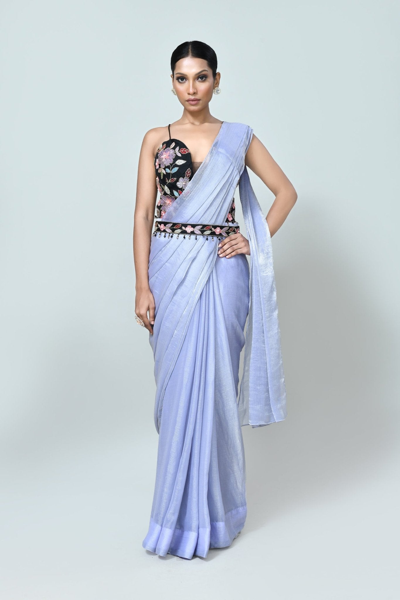 Designer Wear Sky Blue Shimmer Chiffon Drape Saree - Simaaya