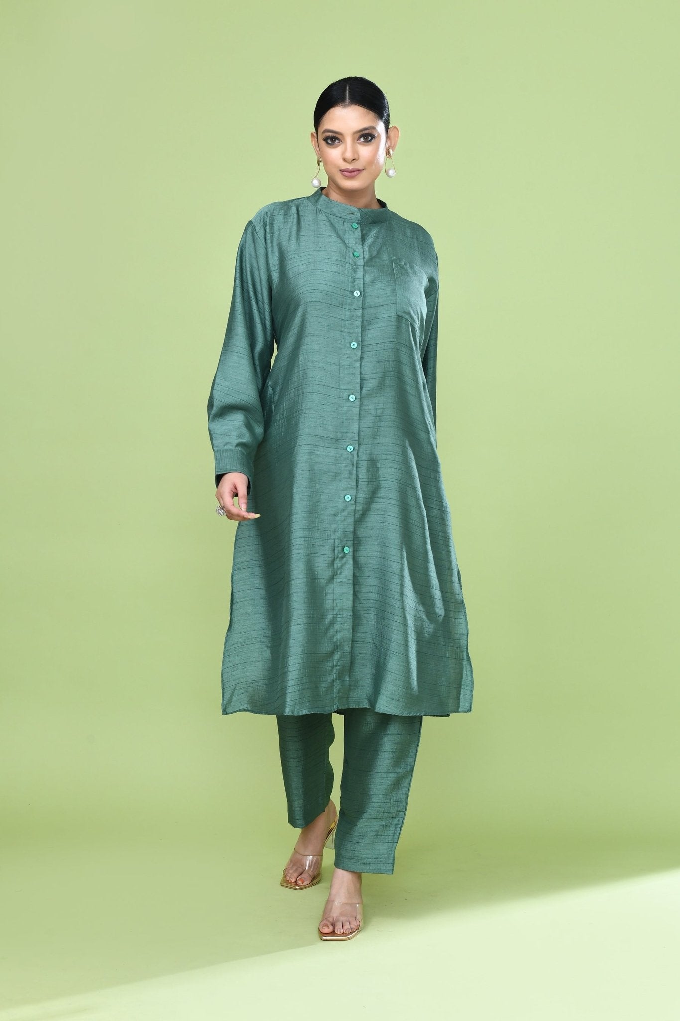 Designer Wear Teal Green Silk Kurta and Pants Co-Ord Set for Women - Simaaya