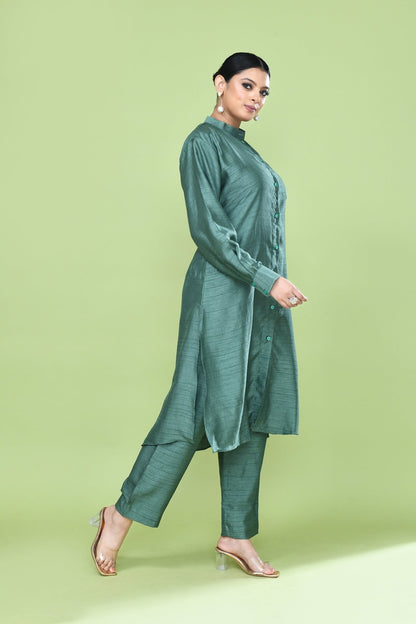 Designer Wear Teal Green Silk Kurta and Pants Co-Ord Set for Women - Simaaya