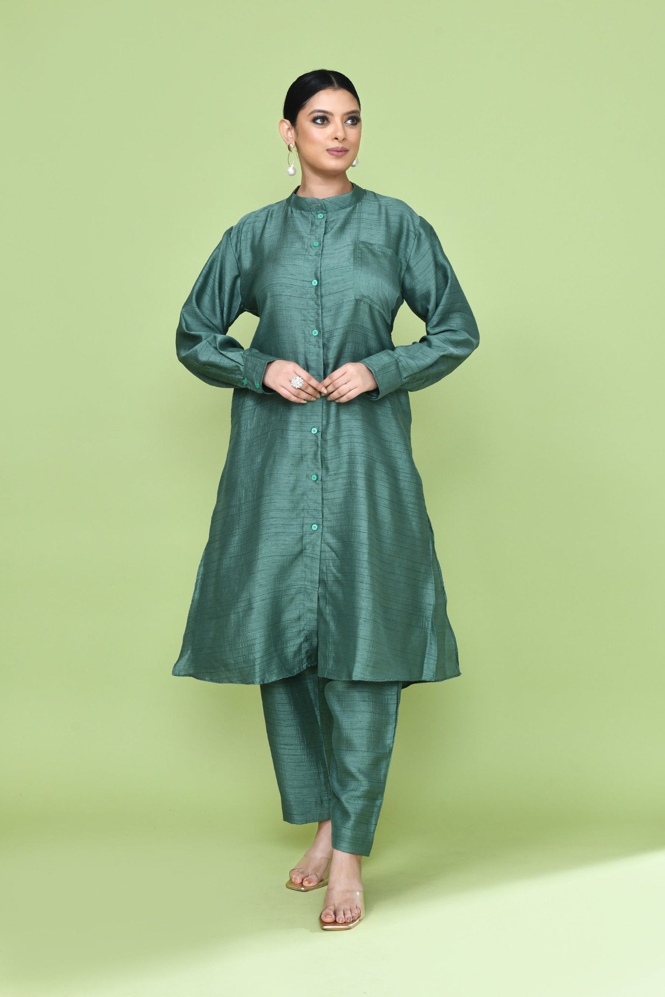 Designer Wear Teal Green Silk Kurta and Pants Co-Ord Set for Women - Simaaya