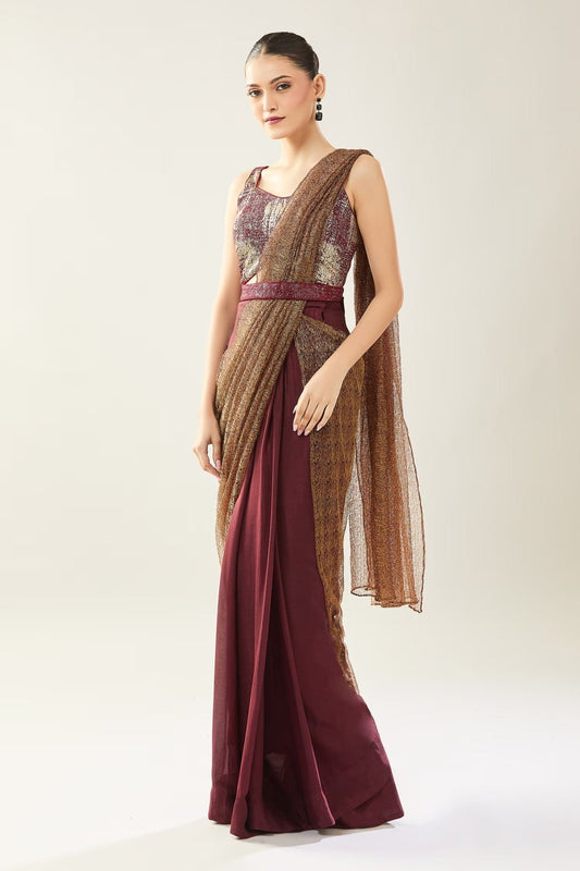 Designer Wear Tissue Net Chinon Pre-Draped Saree Set - Simaaya