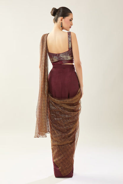 Designer Wear Tissue Net Chinon Pre-Draped Saree Set - Simaaya