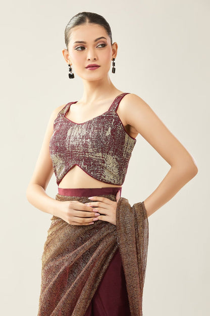 Designer Wear Tissue Net Chinon Pre-Draped Saree Set - Simaaya