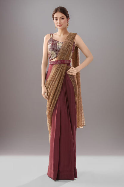 Designer Wear Tissue Net Chinon Pre-Draped Saree Set - Simaaya