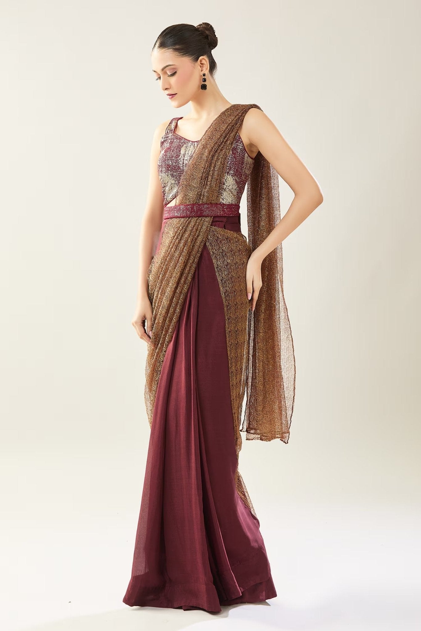 Designer Wear Tissue Net Chinon Pre-Draped Saree Set - Simaaya