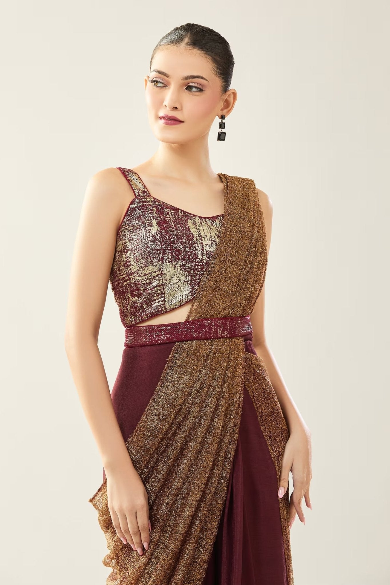 Designer Wear Tissue Net Chinon Pre-Draped Saree Set - Simaaya