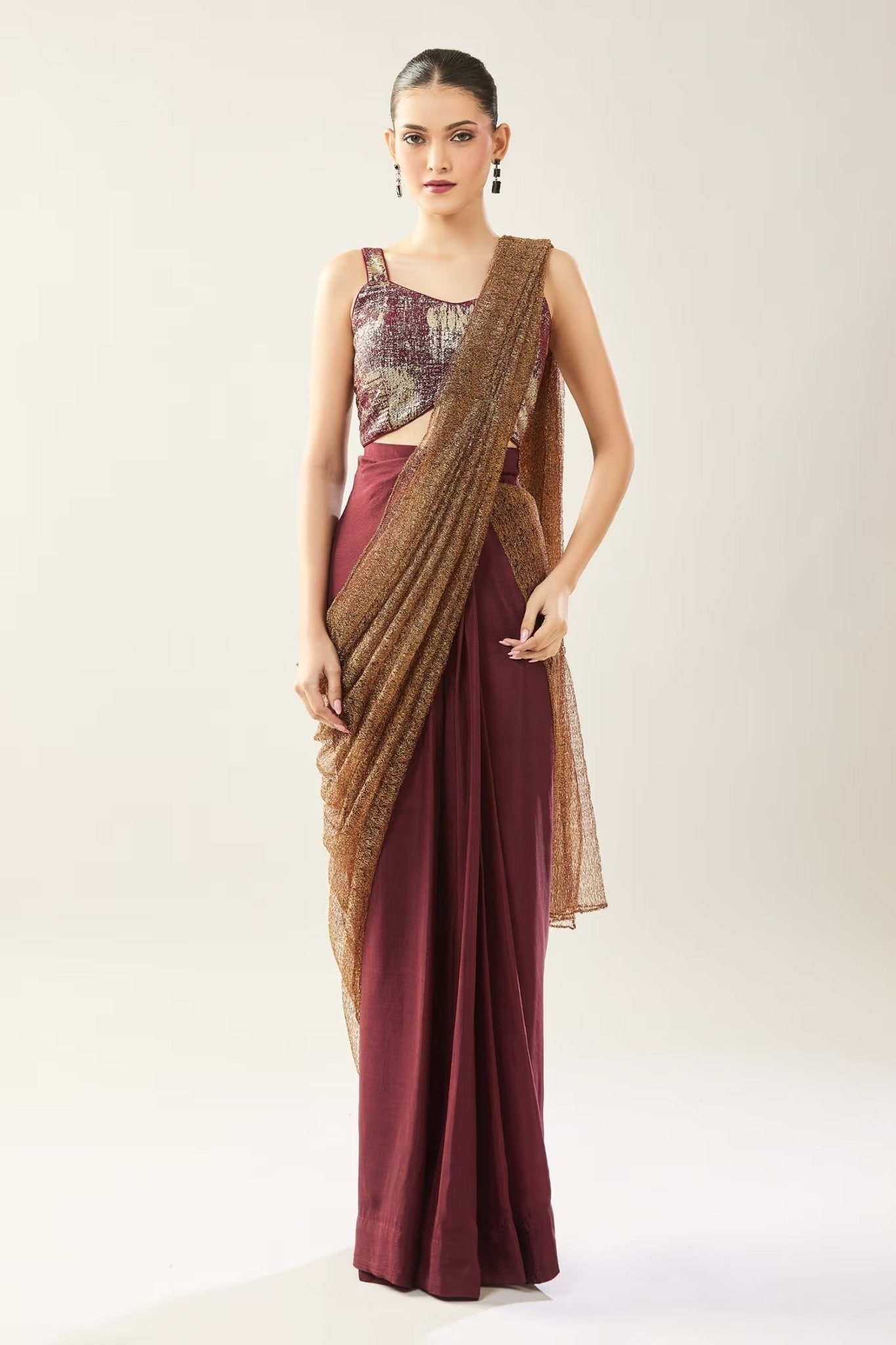 Designer Wear Tissue Net Chinon Pre-Draped Saree Set - Simaaya