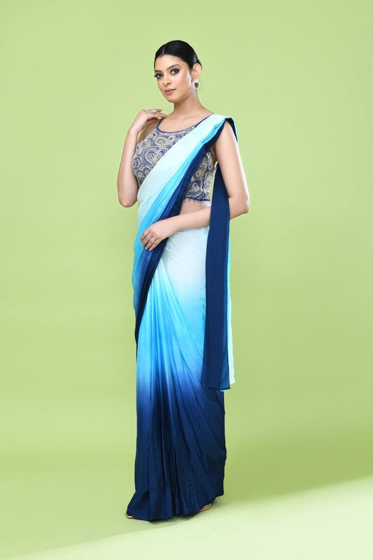 Designer Wear White and Blue Chinon Chiffon Drape Saree - Simaaya