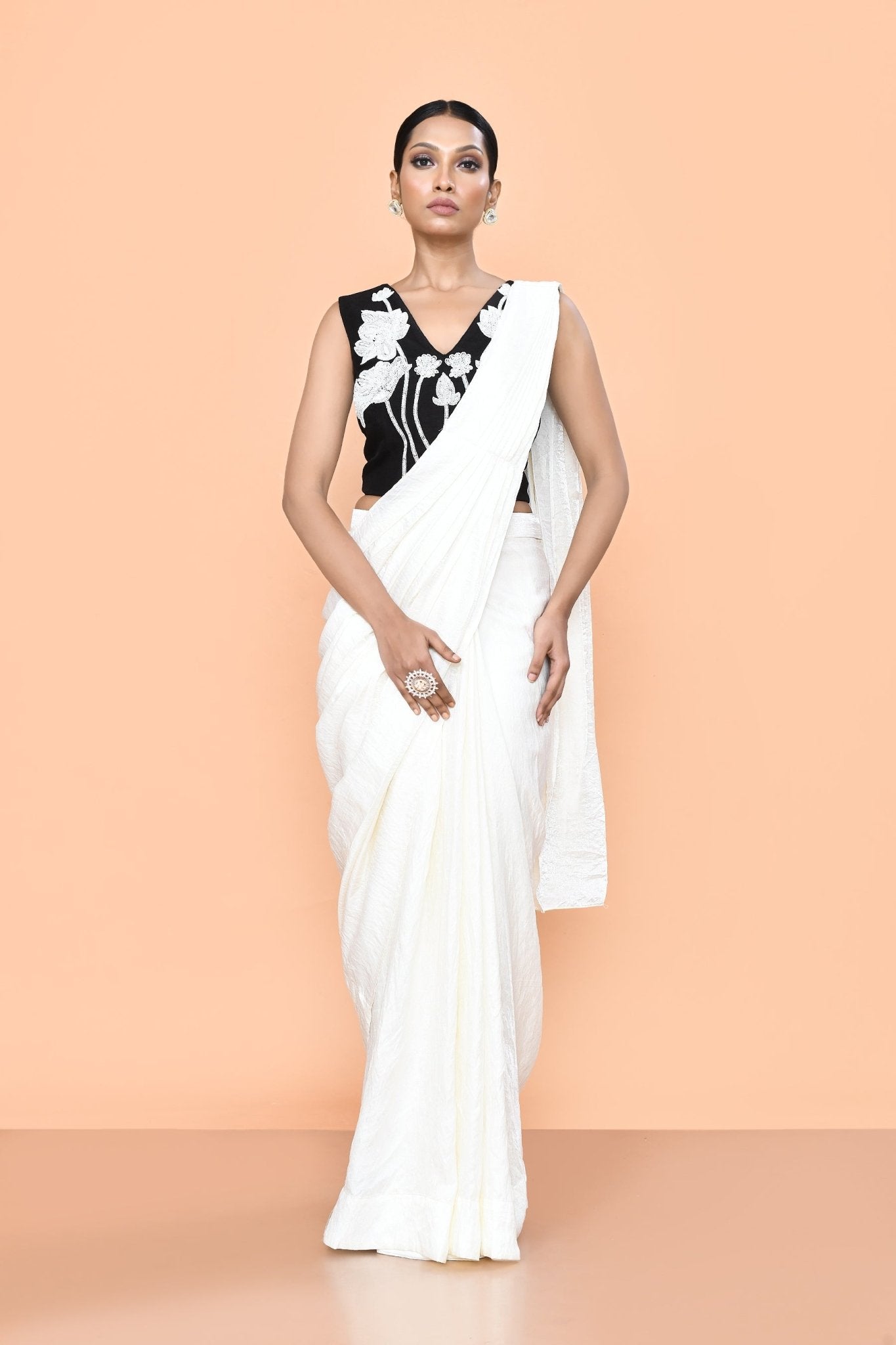 Designer Wear White Drape Saree Set - Simaaya
