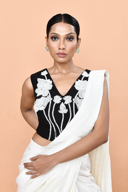 Designer Wear White Drape Saree Set - Simaaya