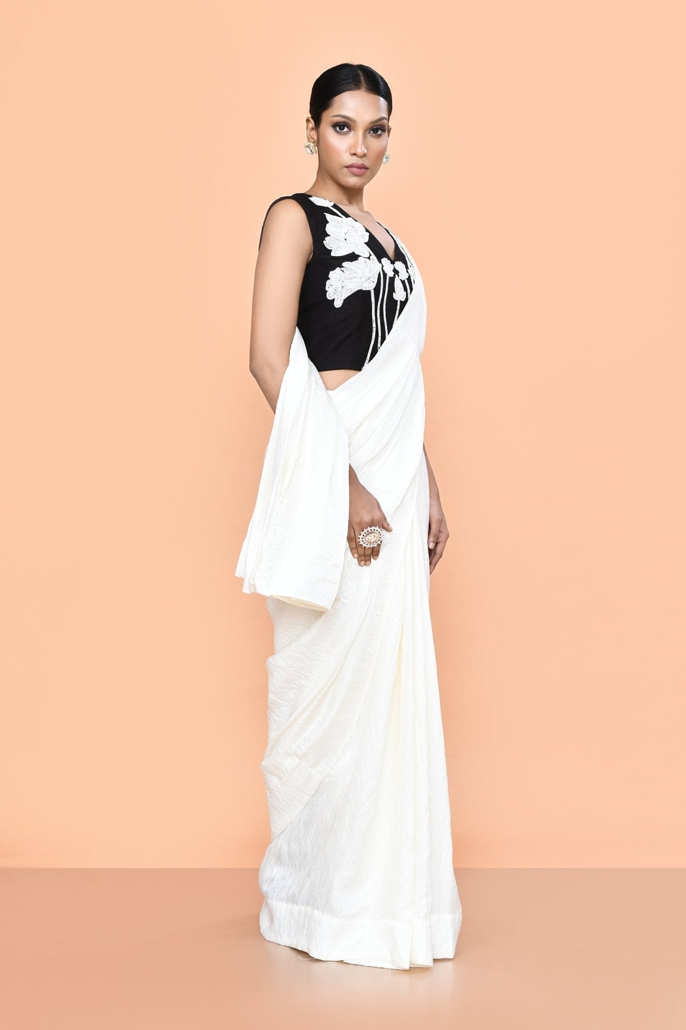 Designer Wear White Drape Saree Set - Simaaya