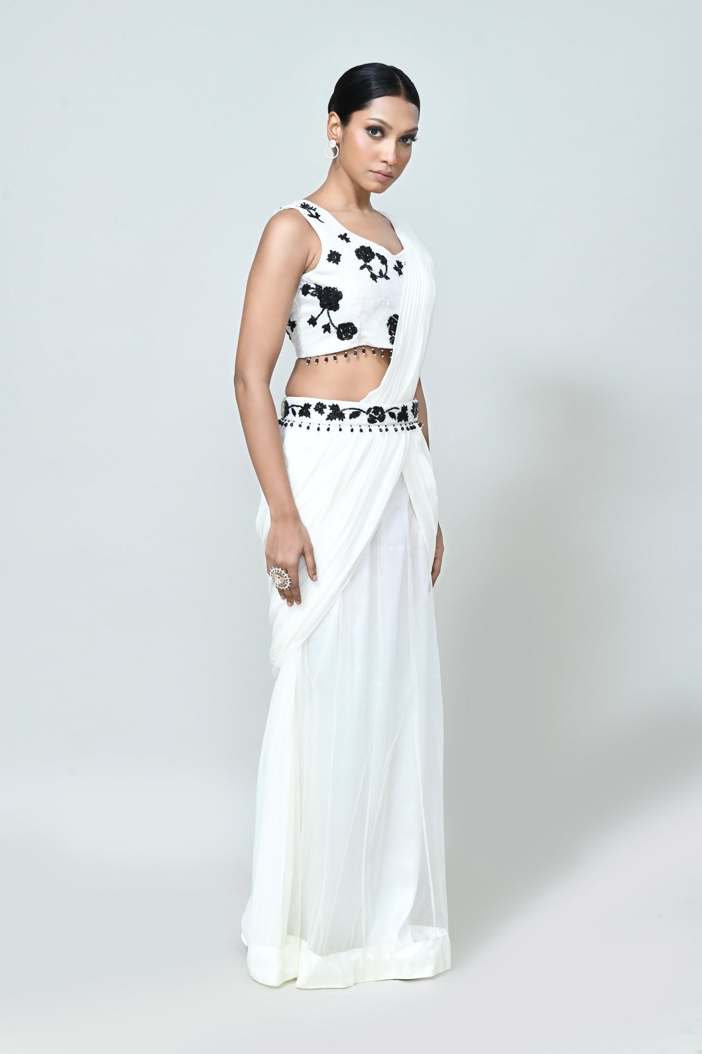 Designer Wear White Net Georgette Drape Saree - Simaaya