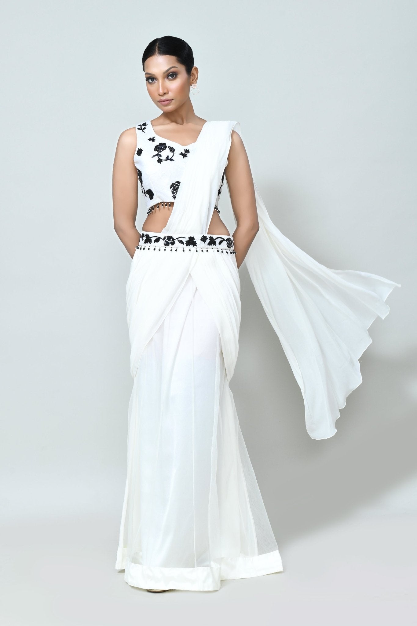 Designer Wear White Net Georgette Drape Saree - Simaaya