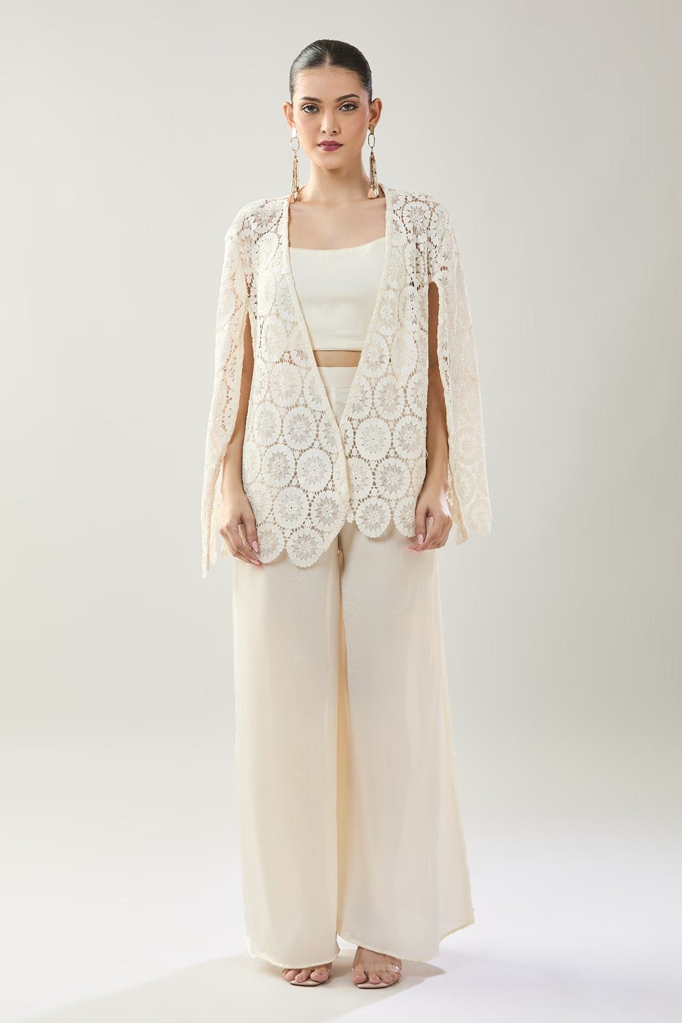Designer Wear White Open Jacket And Pant Set - Simaaya