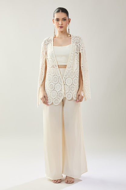 Designer Wear White Open Jacket And Pant Set - Simaaya