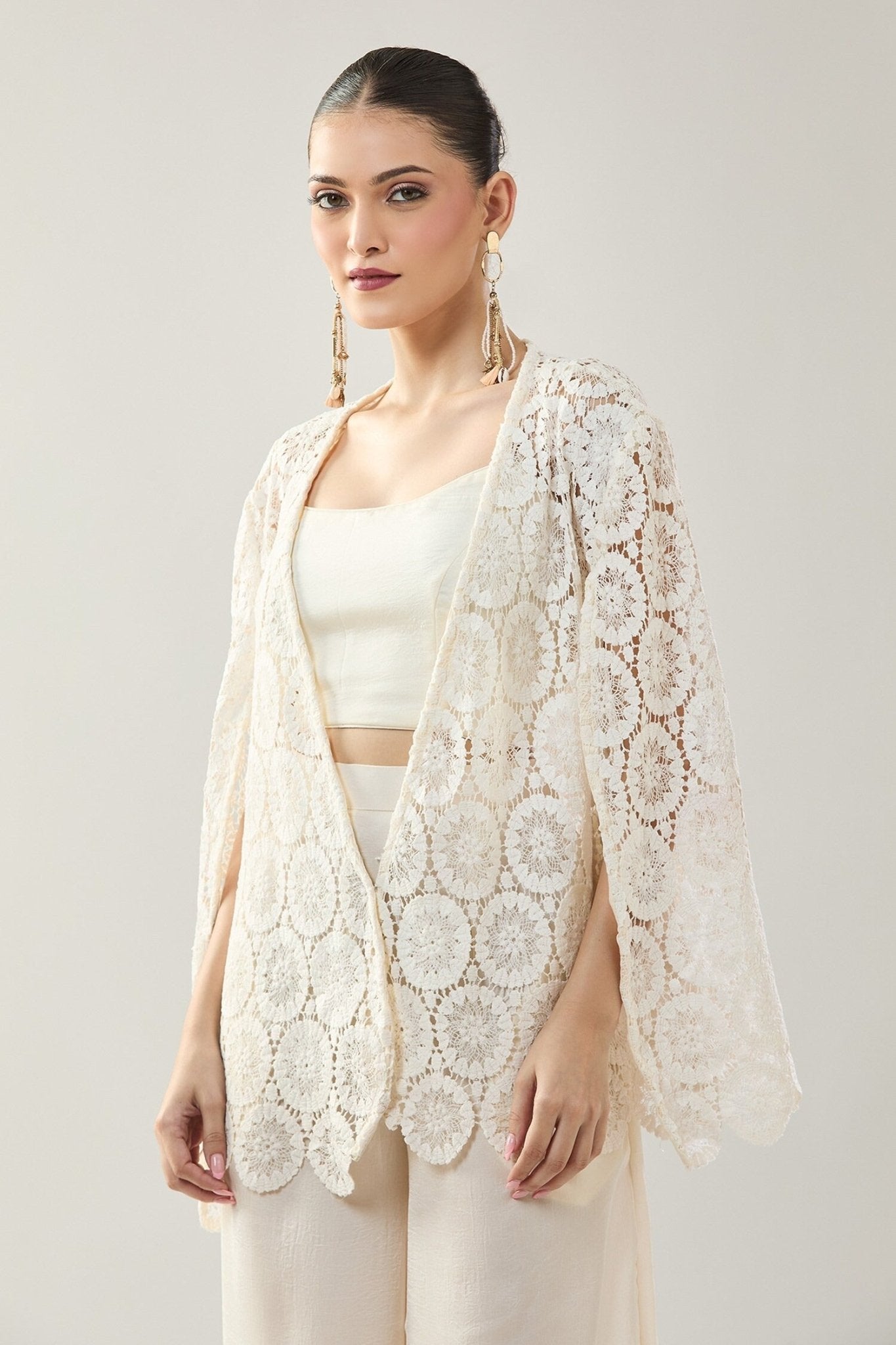 Designer Wear White Open Jacket And Pant Set - Simaaya