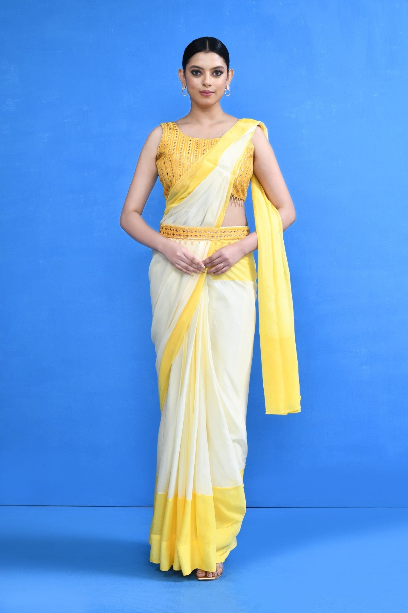 Designer Wear White & Yellow Chinon Chiffon Drape Saree - Simaaya
