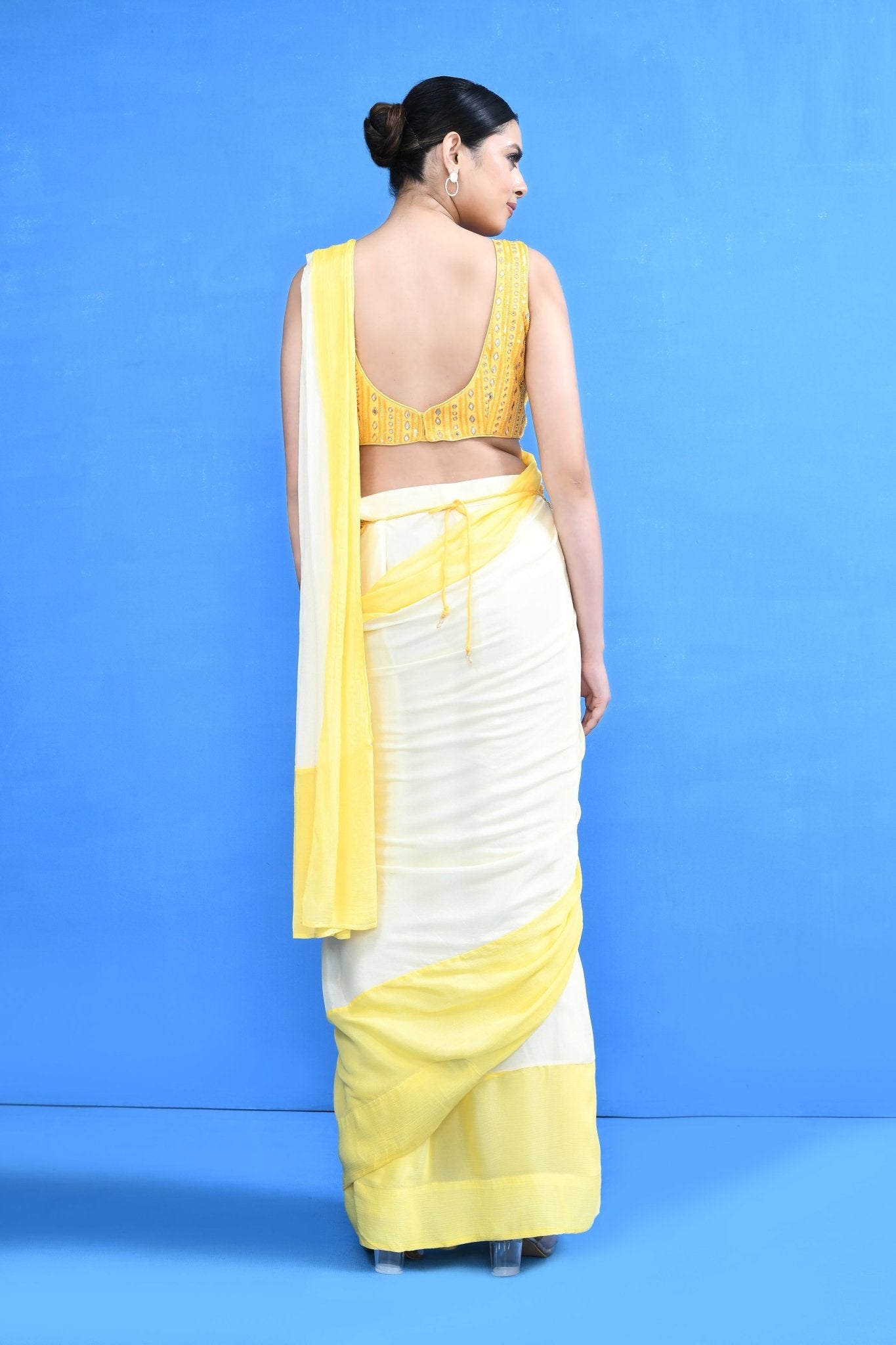 Designer Wear White & Yellow Chinon Chiffon Drape Saree - Simaaya