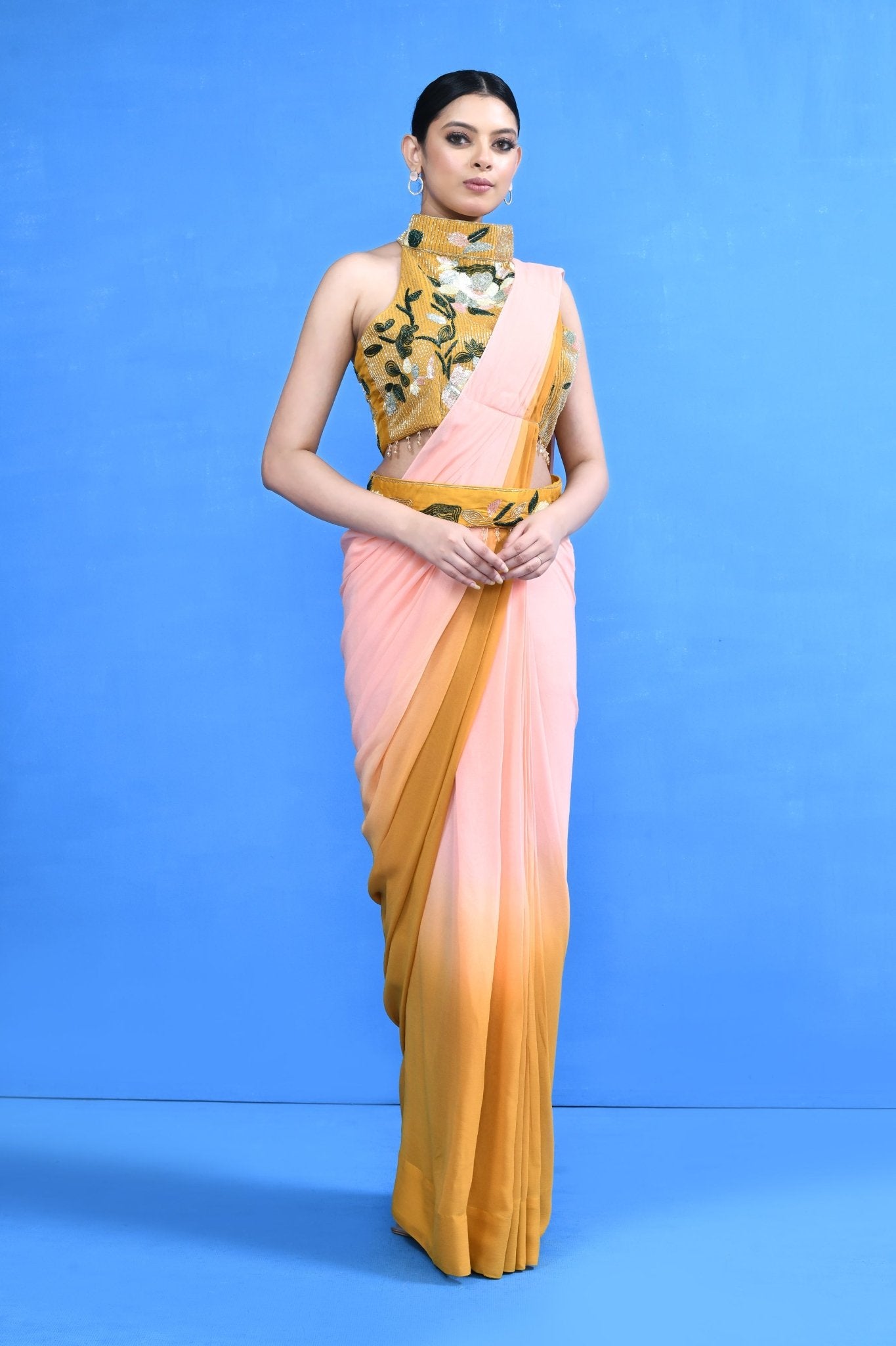 Designer Wear Yellow and Pink Georgette Drape Saree - Simaaya