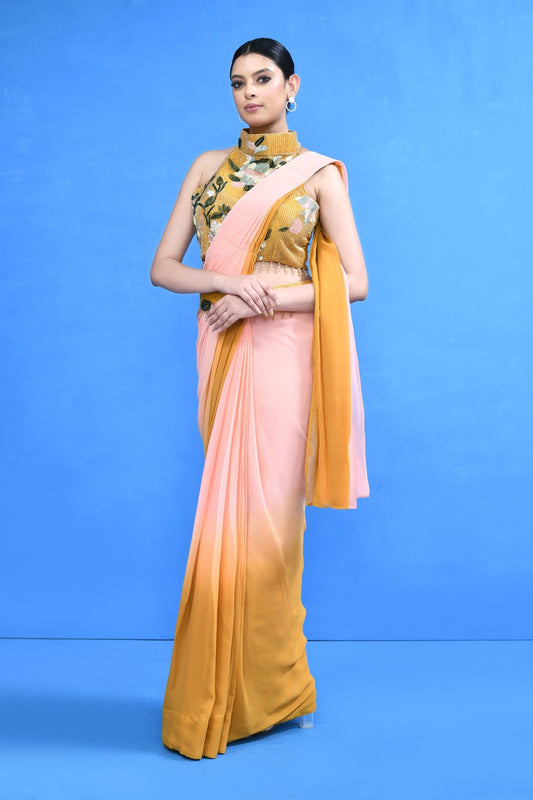Designer Wear Yellow and Pink Georgette Drape Saree - Simaaya