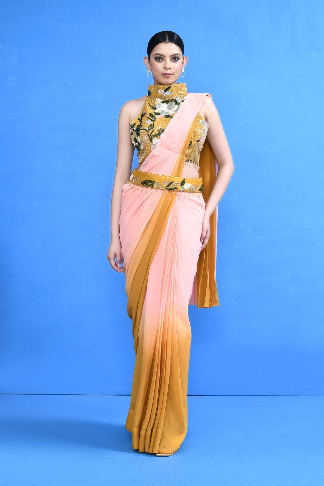 Designer Wear Yellow and Pink Georgette Drape Saree - Simaaya