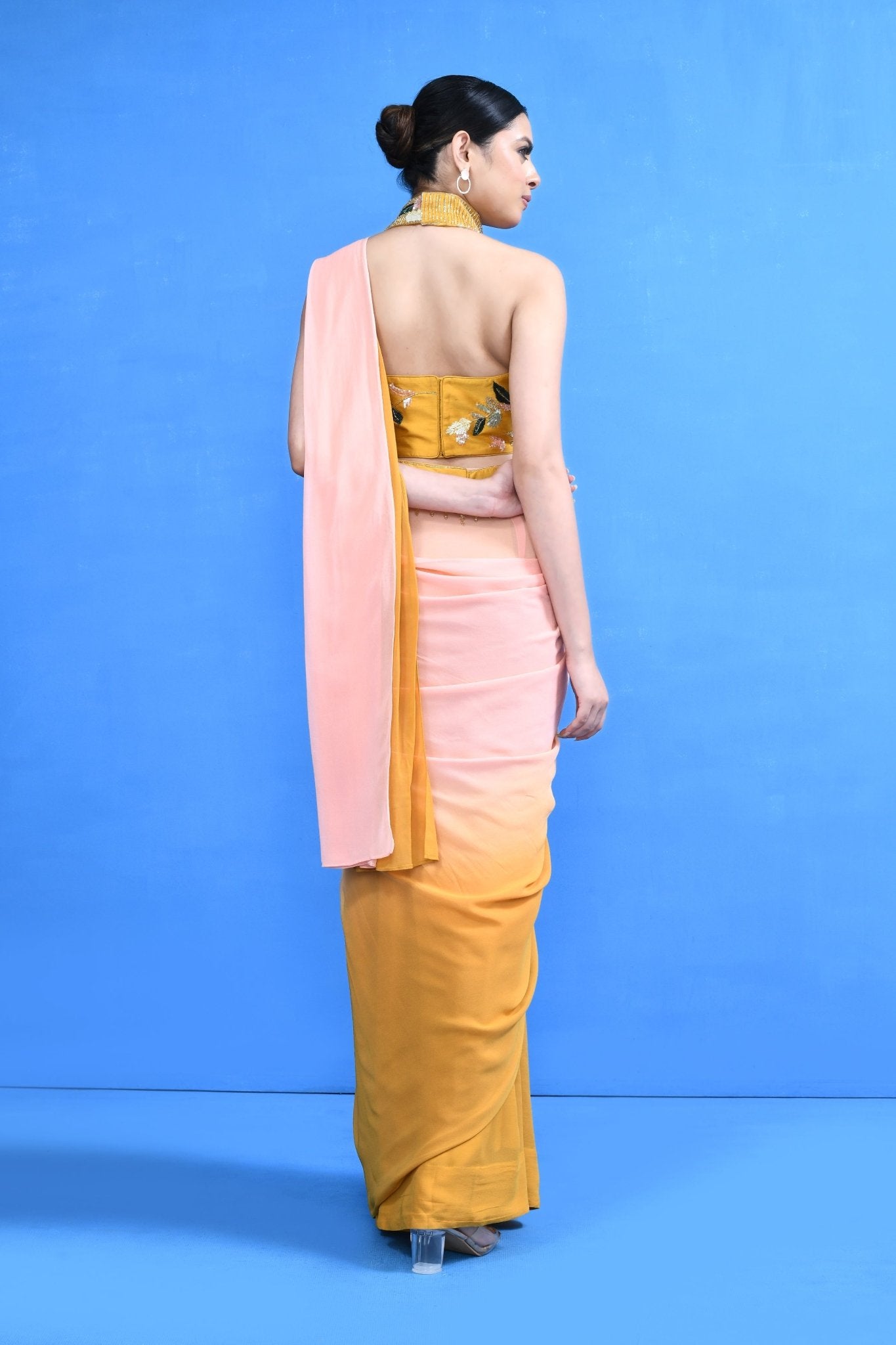 Designer Wear Yellow and Pink Georgette Drape Saree - Simaaya