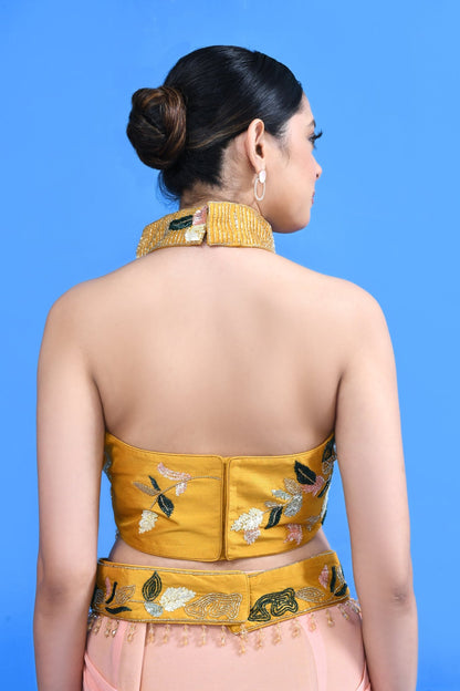 Designer Wear Yellow and Pink Georgette Drape Saree - Simaaya