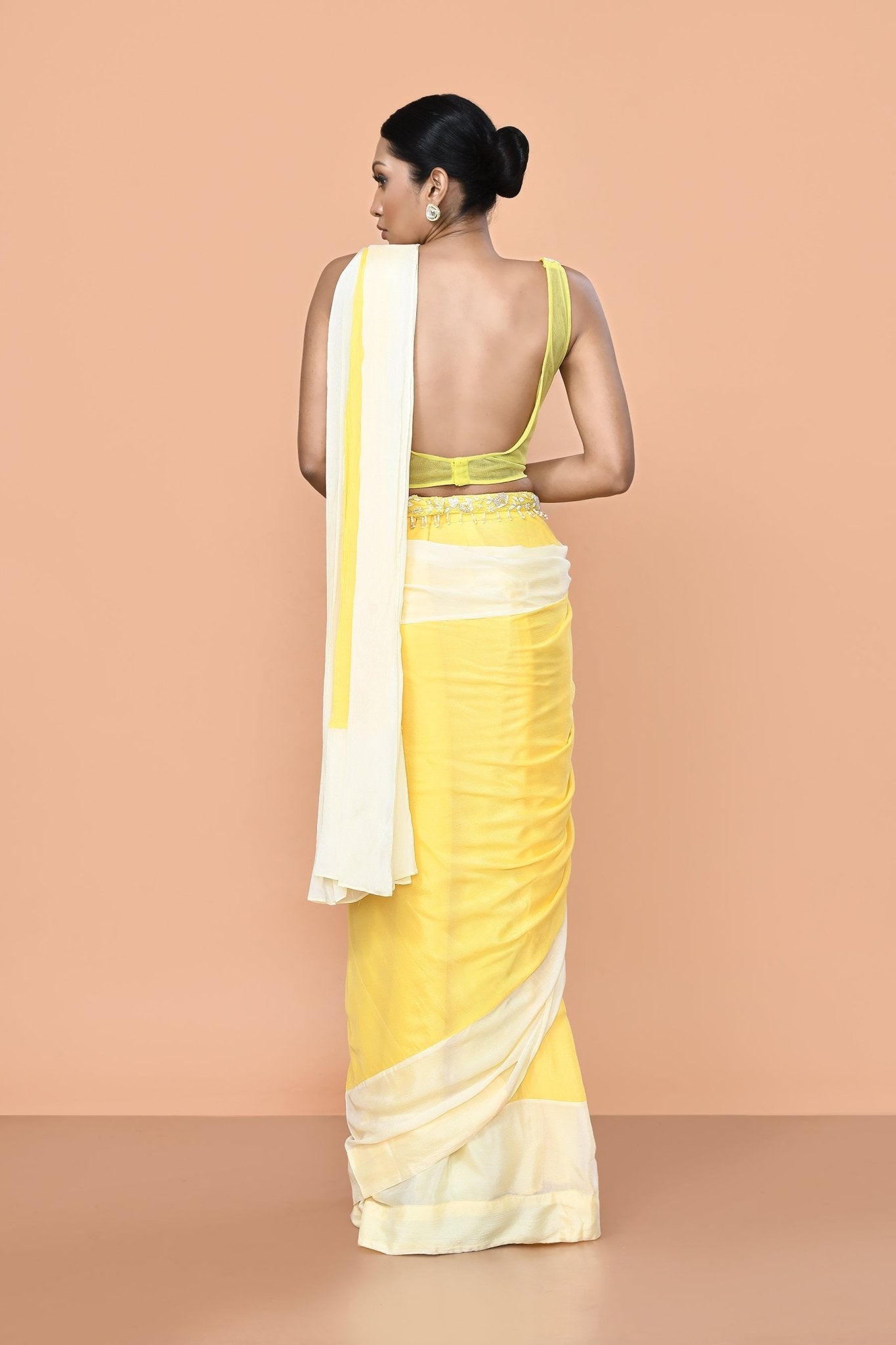 Designer Wear Yellow Chinon Chiffon Drape Saree - Simaaya