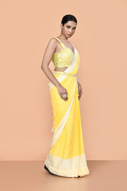 Designer Wear Yellow Chinon Chiffon Drape Saree - Simaaya