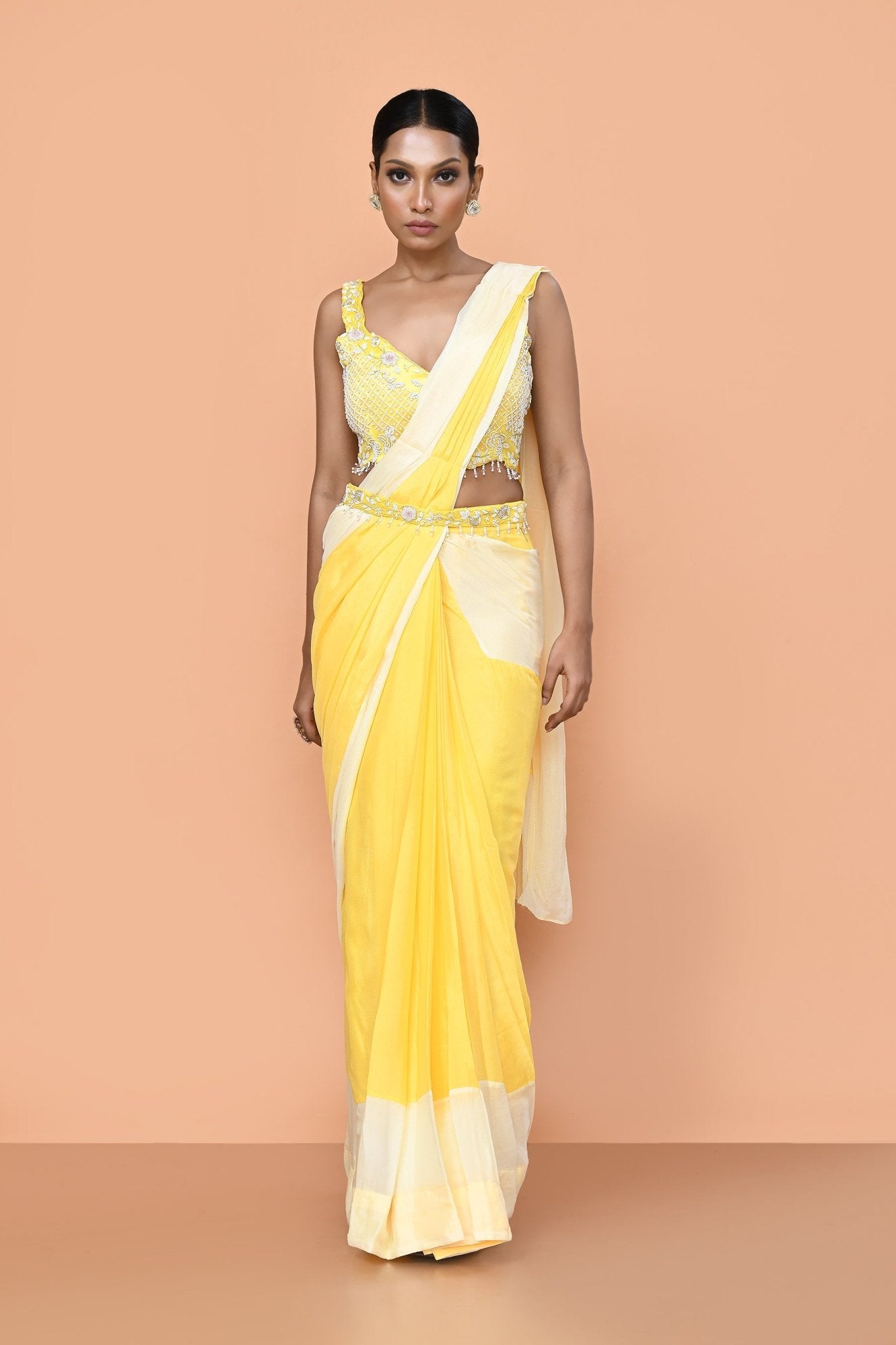 Designer Wear Yellow Chinon Chiffon Drape Saree - Simaaya