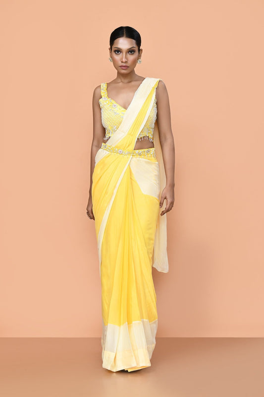 Designer Wear Yellow Chinon Chiffon Drape Saree - Simaaya