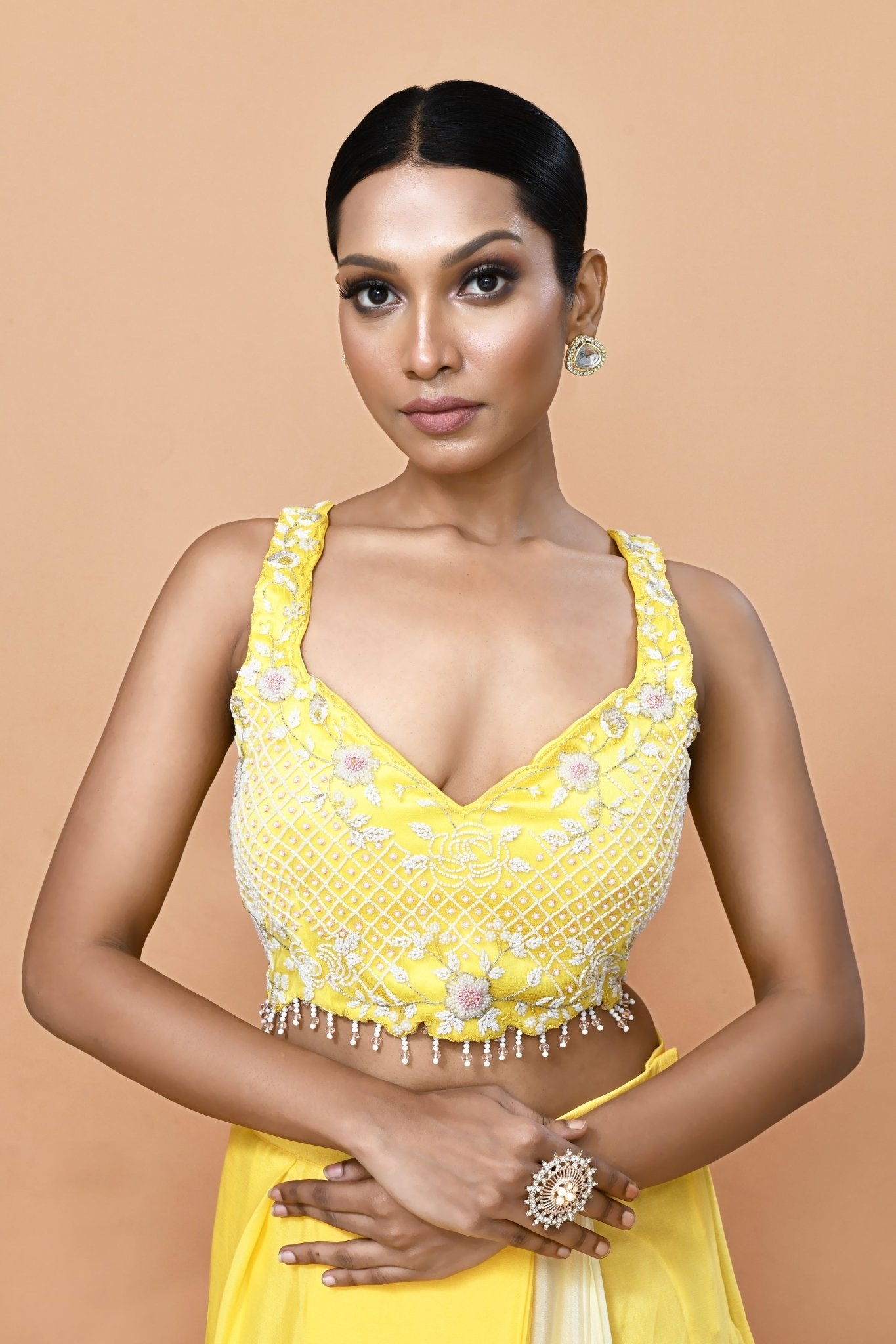 Designer Wear Yellow Chinon Chiffon Drape Saree - Simaaya