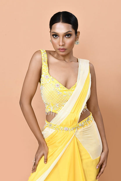 Designer Wear Yellow Chinon Chiffon Drape Saree - Simaaya