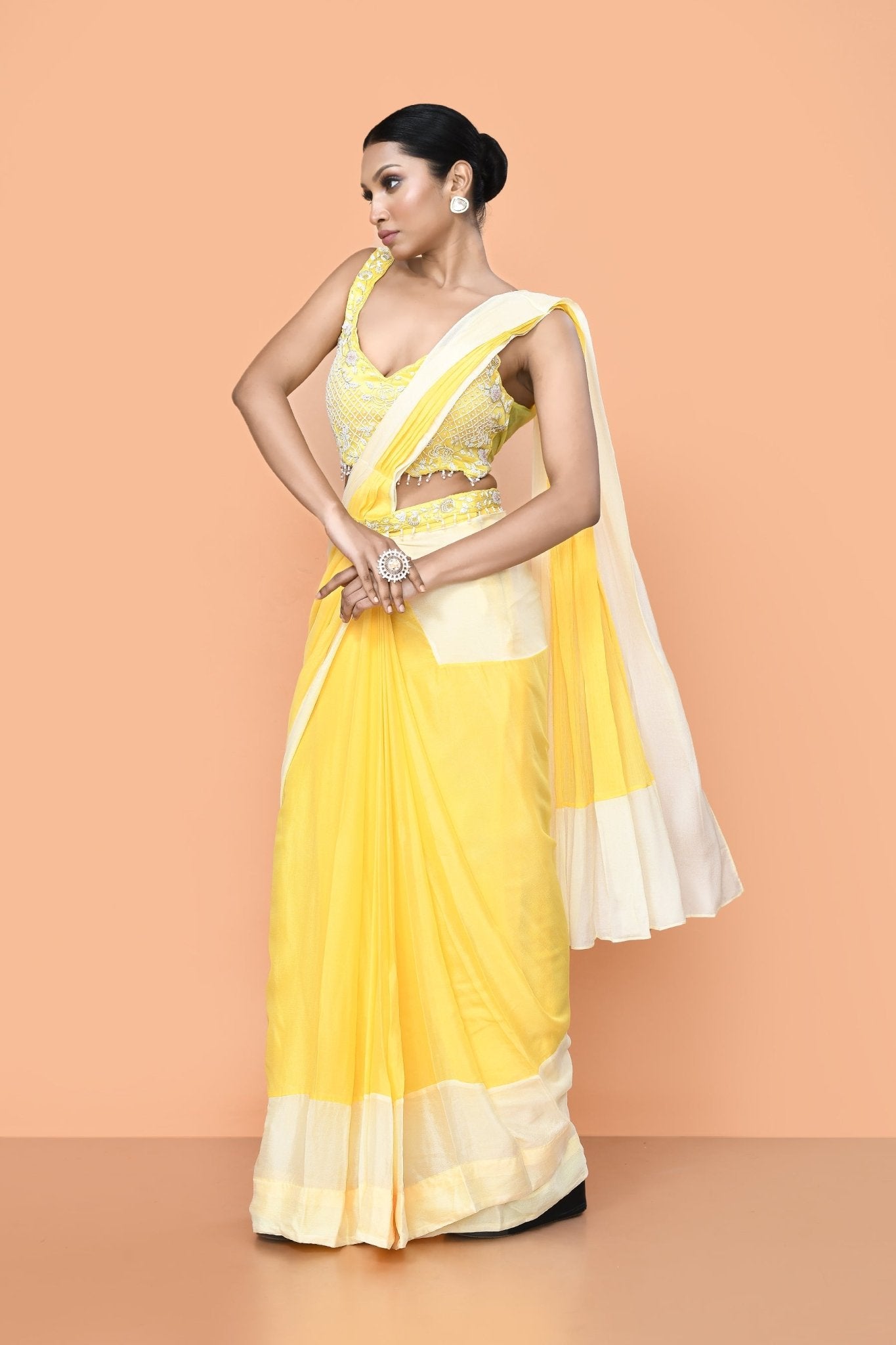 Designer Wear Yellow Chinon Chiffon Drape Saree - Simaaya